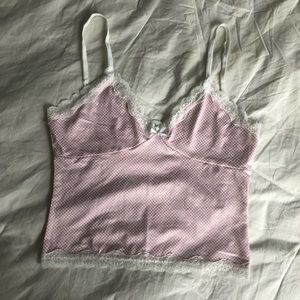 Pink gingham checkered lace trim bow cami